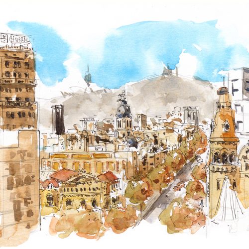 Clase de sketching: Vistas al Paseo de Gracia, desde la cafetería del Corte Inglés- Grupo de viernes tarde